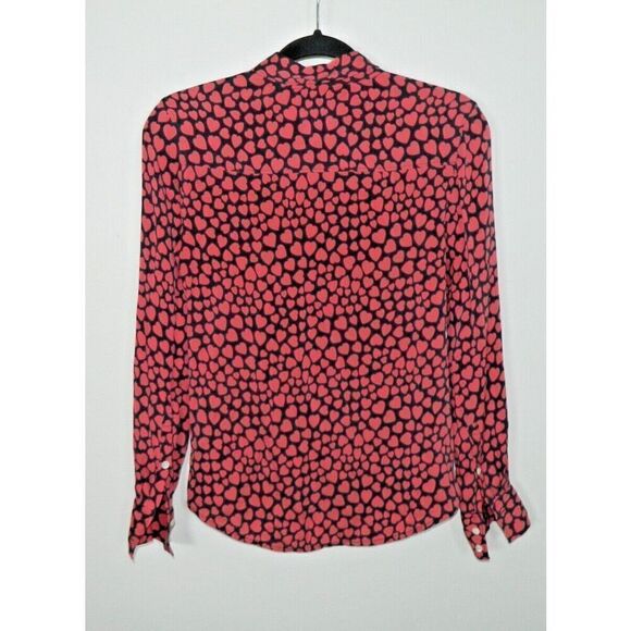 J. Crew Blouse Size 0 Silk Black Pink Button Front Pink Heart Print - Picture 4 of 9